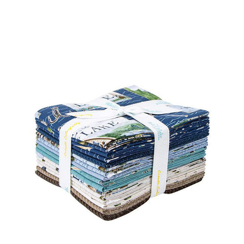 Fat quarter bundle from the Wake at the Lake collection by Riley Blake Designs. Pictures a 16 piece fat quarter bundle with mainly blue, cream, and brown fabrics. 
Cute Little Fabric Shop