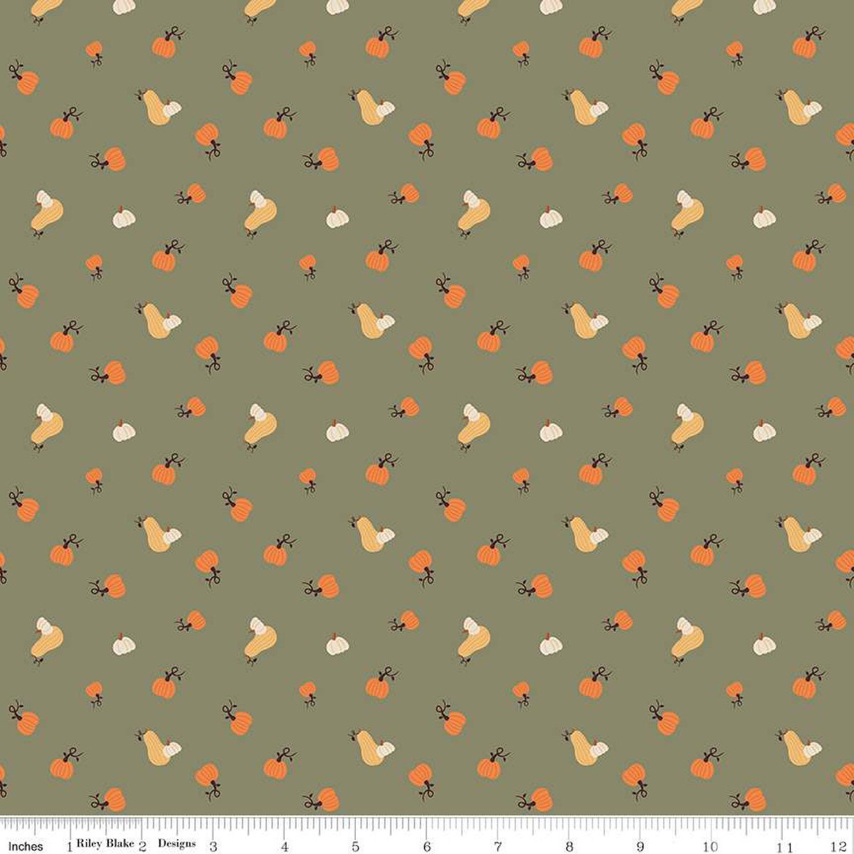 Image of olive green colored quilting cotton fabric for the Pumpkin Spice collection by Riley Blake Designs. Features scattered and tossed orange, yellow, and cream pumpkins on the olive background. 
Cute Little Fabric Shop