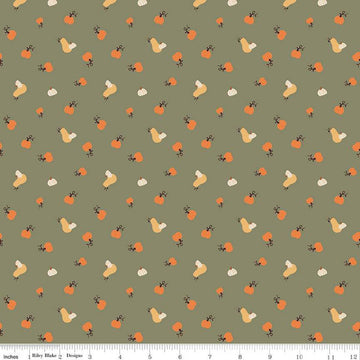 Image of olive green colored quilting cotton fabric for the Pumpkin Spice collection by Riley Blake Designs. Features scattered and tossed orange, yellow, and cream pumpkins on the olive background. 
Cute Little Fabric Shop
