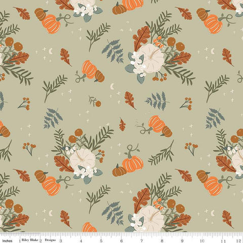 Image of sage colored quilting cotton fabric for the Pumpkin Spice collection by Riley Blake Designs. Features scattered clusters of pumpkins, flowers, and branches of leaves on the light green background. 
Cute Little Fabric Shop