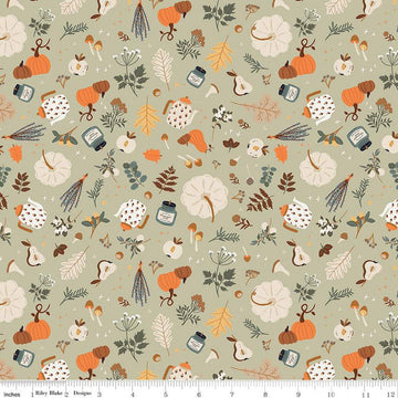 Image of light sage green colored quilting cotton fabric for the Pumpkin Spice collection by Riley Blake Designs. Features scattered pumpkins, flowers, and apples, mushrooms, leaves, and candles on the light green background. 
Cute Little Fabric Shop