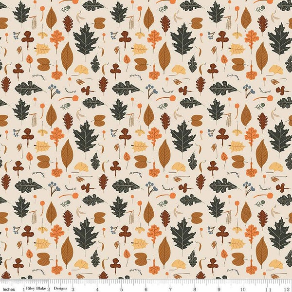 Image of ivory cream colored quilting cotton fabric for the Pumpkin Spice collection by Riley Blake Designs. Features scattered various leaves on a cream background. 
Cute Little Fabric Shop