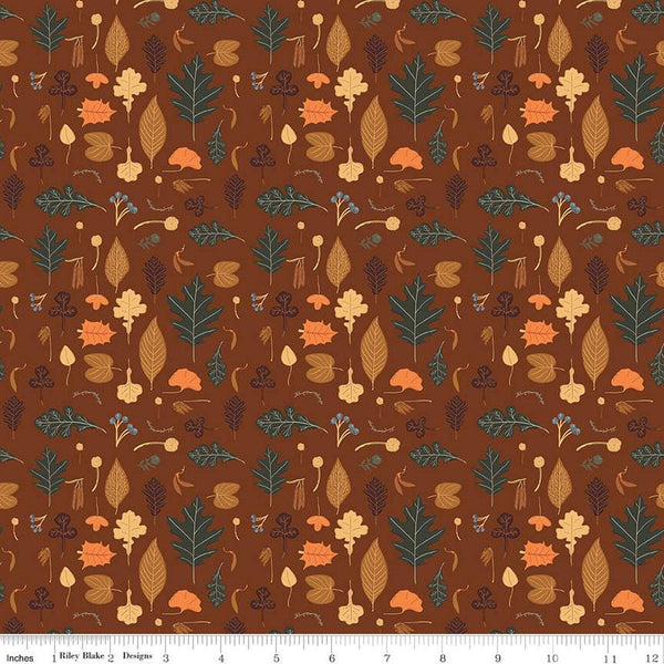 Image of brown colored quilting cotton fabric for the Pumpkin Spice collection by Riley Blake Designs. Features scattered various leaves on a brown background. 
Cute Little Fabric Shop