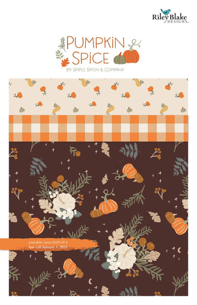 Image of the Storyboard for Pumpkin Spice from Riley Blake Designs. Depicts the main brown fabric on the front, with scattered flowers and pumpkins. 
Cute Little Fabric Shop