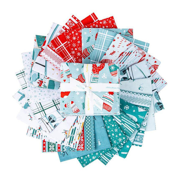 Image of the Ski Hill Fat Quarter Bundle by Corinne Wells for Riley Blake Designs. Features a main blue fabric with scattered coats, hats, mittens, and peppermints. 
Cute Little Fabric Shop