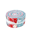 Image of the Ski Hill Rolie Polie by Corinne Wells for Riley Blake Designs. Features a main blue fabric with scattered coats, hats, mittens, and peppermints. 
Cute Little Fabric Shop