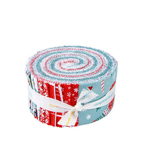 Image of the Ski Hill Rolie Polie by Corinne Wells for Riley Blake Designs. Features a main blue fabric with scattered coats, hats, mittens, and peppermints. 
Cute Little Fabric Shop