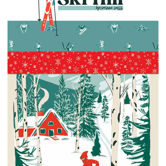 Image of the Ski Hill storyboard by Corinne Wells for Riley Blake Designs. Includes a picture of a skier going down a mountain with a cabin and trees. 
Cute Little Fabric Shop