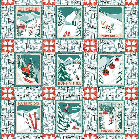 Image of the Frannie B. Quilting Co. Ski Hill Quilt Pattern by Riley Blake Designs. Features the  P14778-PANEL and shows skiers on mountains, skis, trees, and snow. 
Cute Little Fabric Shop