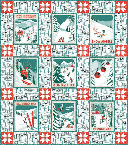 Image of the Frannie B. Quilting Co. Ski Hill Quilt Pattern by Riley Blake Designs. Features the  P14778-PANEL and shows skiers on mountains, skis, trees, and snow. 
Cute Little Fabric Shop