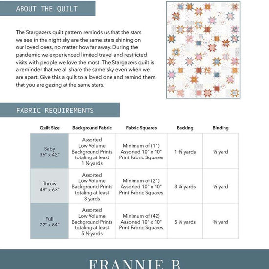 Image of the Frannie B Quilting Co. Stargazer Quilt Pattern by Riley Blake Designs. Features stars scattered on a light background. Includes fabric requirements. 
Cute Little Fabric Shop