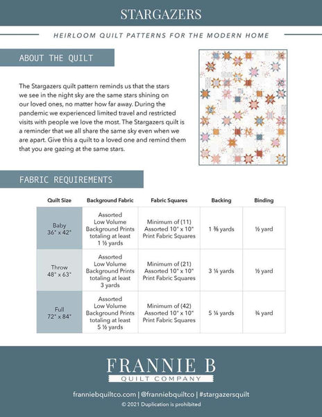 Image of the Frannie B Quilting Co. Stargazer Quilt Pattern by Riley Blake Designs. Features stars scattered on a light background. Includes fabric requirements. 
Cute Little Fabric Shop