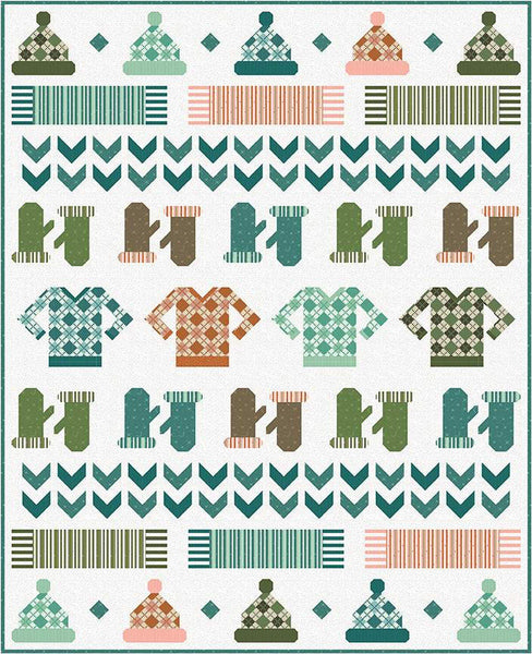 Image of the Jennifer Long Sweater Season Quilt Pattern by Riley Blake Designs. Features a quilt with hats, scarves, and mittens on a light background. 
Cute Little Fabric Shop