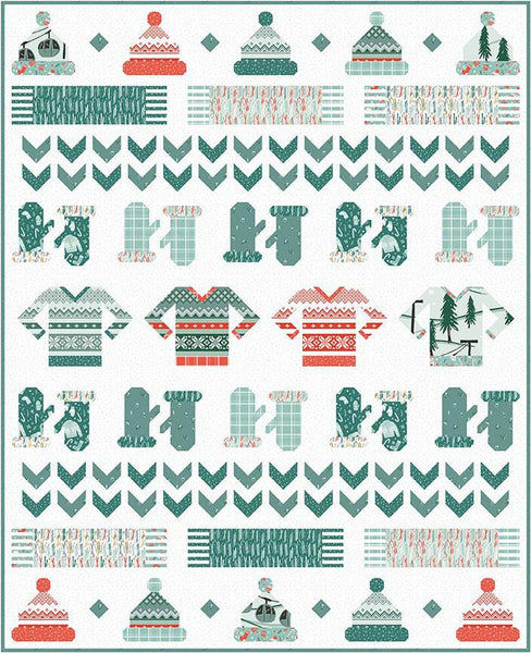 Image of the Jennifer Long Sweater Season Quilt Pattern by Riley Blake Designs. Features a quilt with hats, scarves, and mittens on a light background featuring the Ski Hill collection.
Cute Little Fabric Shop