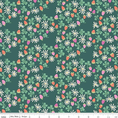 Image of the Chloe Strawberries Forest quilting cotton fabric by Rachel Erickson for Riley Blake Designs. Image features scattered flowers, strawberries, and clovers on a dark green background.
Cute Little Fabric Shop