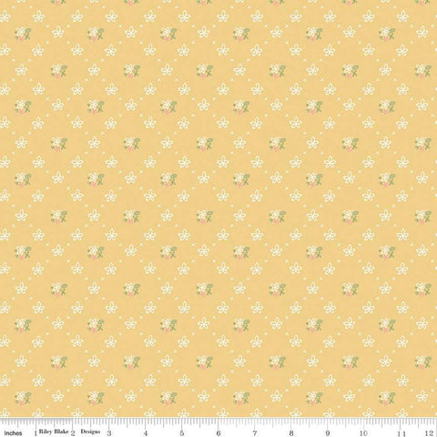 Clover Farm from Riley Blake Designs. Image depicts scattered flowers and X&#39;s on a yellow background. Quilting cotton fabric. 
Cute Little Fabric Shop