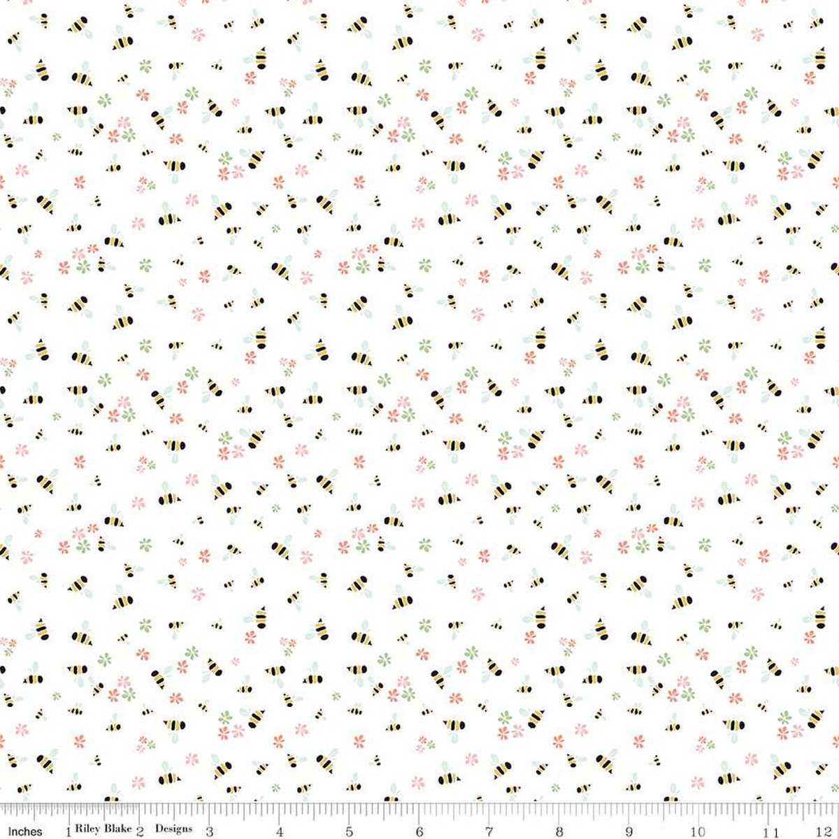 Clover Farm from Riley Blake Designs. Image depicts small bees and flowers scattered on a white background. Quilting cotton fabric. 
Cute Little Fabric Shop