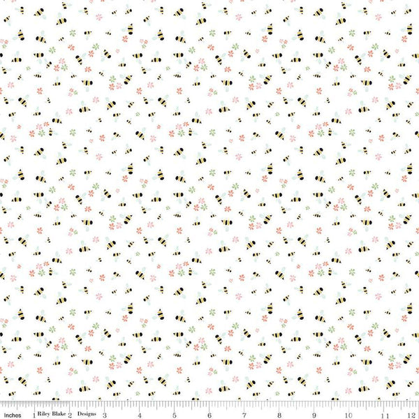 Clover Farm from Riley Blake Designs. Image depicts small bees and flowers scattered on a white background. Quilting cotton fabric. 
Cute Little Fabric Shop