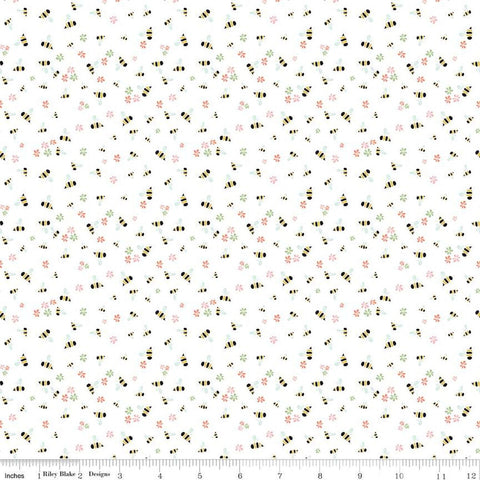 Clover Farm from Riley Blake Designs. Image depicts small bees and flowers scattered on a white background. Quilting cotton fabric. 
Cute Little Fabric Shop