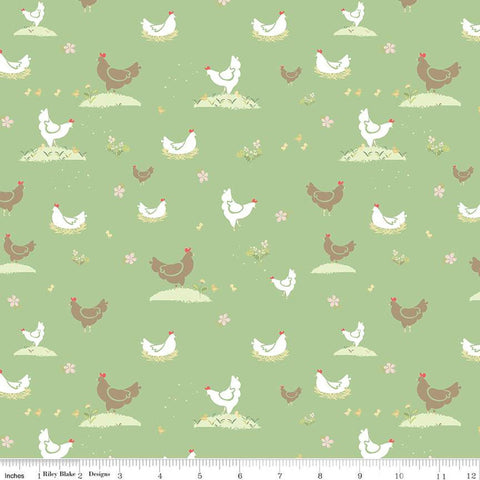 Clover Farm from Riley Blake Designs. Image depicts flowers and chickens scattered on a green background. Quilting cotton fabric. 
Cute Little Fabric Shop