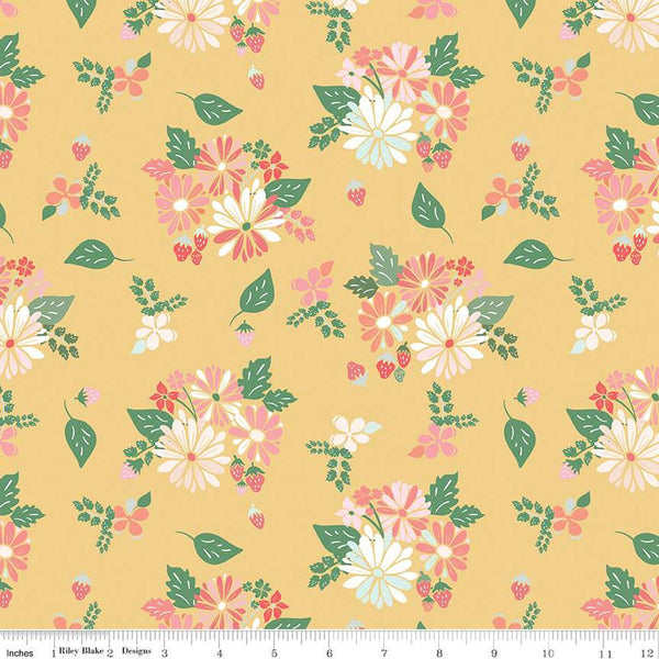 Clover Farm from Riley Blake Designs. Image depicts flowers and strawberry clusters scattered on a yellow background. Quilting cotton fabric. 
Cute Little Fabric Shop