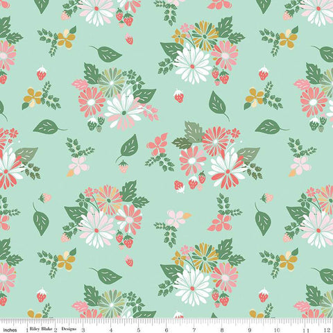 Clover Farm from Riley Blake Designs. Image depicts flowers and strawberry clusters scattered on a mint background. Quilting cotton fabric. 
Cute Little Fabric Shop