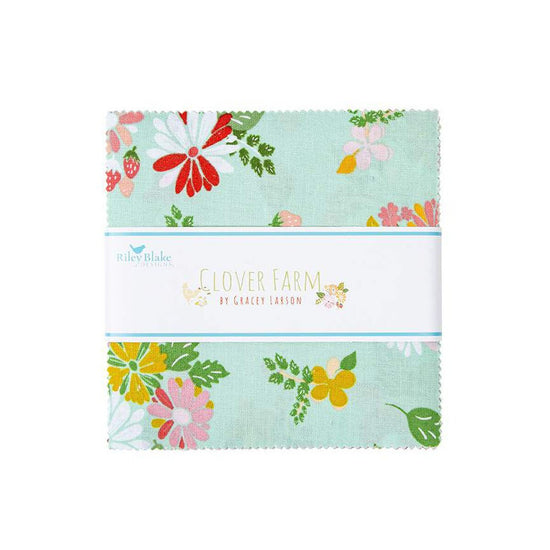 Image of 5 inch stacker from the Clover Farm by Riley Blake Designs. The main aqua fabric with flowers and strawberries is depicted. The fabric is quilting cotton fabric. 
Cute Little Fabric Shop