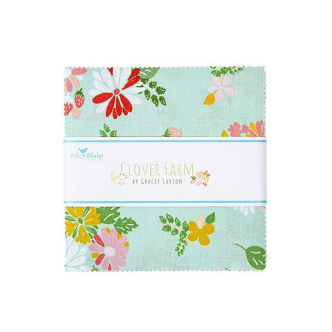 Image of 5 inch stacker from the Clover Farm by Riley Blake Designs. The main aqua fabric with flowers and strawberries is depicted. The fabric is quilting cotton fabric. 
Cute Little Fabric Shop