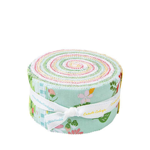 Image of rolie polie from the Clover Farm by Riley Blake Designs. The main aqua fabric with flowers and strawberries is depicted. The fabric is quilting cotton fabric. 
Cute Little Fabric Shop