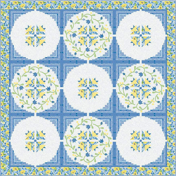 Image of the Rainy Day Blues quilt pattern. Features blue, yellow, and white fabrics in 9 circles. Sunny Skies from Riley Blake Designs. 
Cute Little Fabric Shop