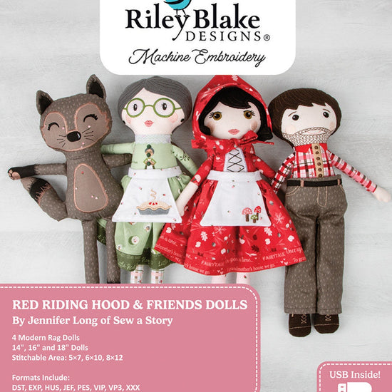 Picture of the Riley Blake Designs Machine Embroidery Red Riding Hood & Friends Dolls. Pictures the 4 dolls and states that the USB is inside. 
Cute Little Fabric Shop