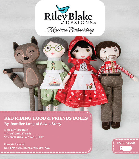 Picture of the Riley Blake Designs Machine Embroidery Red Riding Hood & Friends Dolls. Pictures the 4 dolls and states that the USB is inside. 
Cute Little Fabric Shop