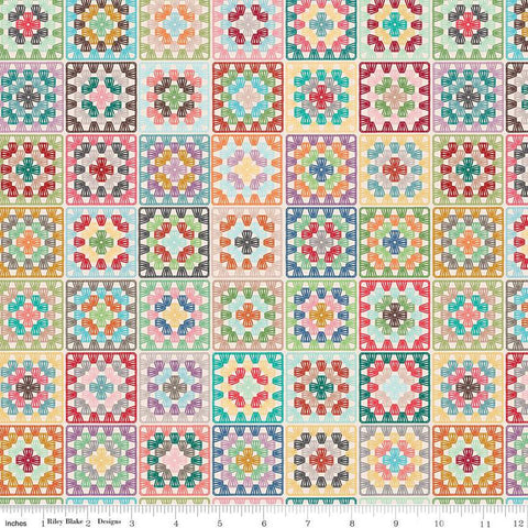 Image of Chunky Thread Home Décor Granny Squares Multi from Riley Blake Designs. Image has squares of colorful granny square patterns, with all colors of the rainbow. 
Cute Little Fabric Shop