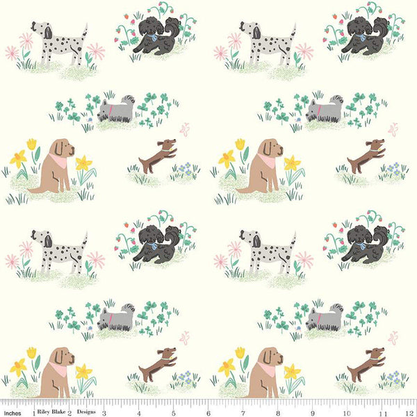 Image of the Chloe Dogs Cream quilting cotton fabric by Rachel Erickson for Riley Blake Designs. Image features dogs playing in patches of flowers and grass on a cream background.
Cute Little Fabric Shop