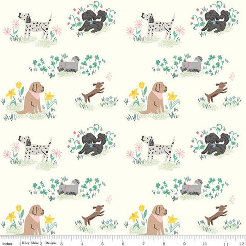 Image of the Chloe Dogs Cream quilting cotton fabric by Rachel Erickson for Riley Blake Designs. Image features dogs playing in patches of flowers and grass on a cream background.
Cute Little Fabric Shop