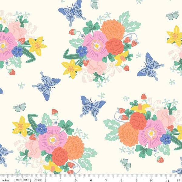 Image of the Chloe Main Cream quilting cotton fabric by Rachel Erickson for Riley Blake Designs. Image features clusters of flowers and strawberries and scattered butterflies on a cream white background.
Cute Little Fabric Shop