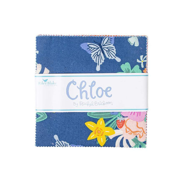 Image of the Chloe 5 inch Stacker by Rachel Erickson for Riley Blake Designs. Features the main blueberry quilting cotton fabric with scattered clusters of flowers and butterflies on a blue background.
Cute Little Fabric Shop