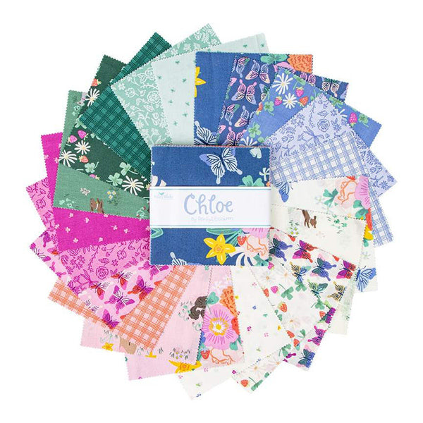 Image of the Chloe 5 inch Stacker by Rachel Erickson for Riley Blake Designs. Features the main blueberry quilting cotton fabric with scattered clusters of flowers and butterflies on a blue background.
Cute Little Fabric Shop