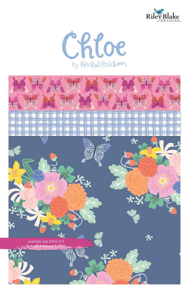 mage of the Chloe storyboard by Rachel Erickson for Riley Blake Designs. Features the main blueberry quilting cotton fabric with flowers and butterflies on a blue background and coordinating pink and blue fabrics. 
Cute Little Fabric Shop