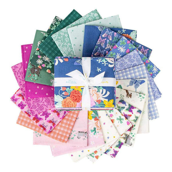 Image of the Chloe Fat Quarter Bundle by Rachel Erickson for Riley Blake Designs. Features the main blueberry quilting cotton fabric with scattered clusters of flowers and butterflies on a blue background.
Cute Little Fabric Shop