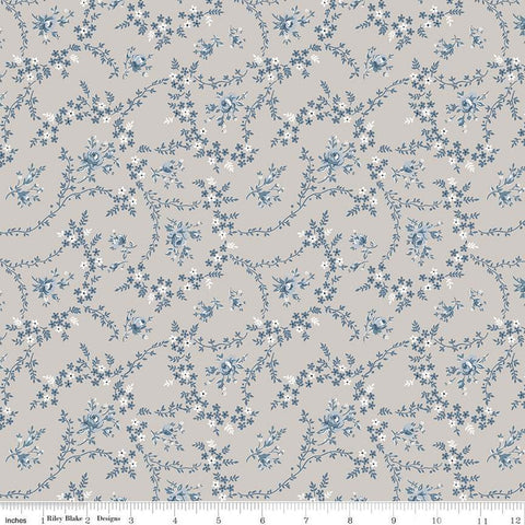 Image of the Serenity Blues Vines Taupe quilting cotton fabric by Gerri Robinson for Riley Blake Designs. Features tossed blossoms and vines of leaves on a light gray background. 
Cute Little Fabric Shop