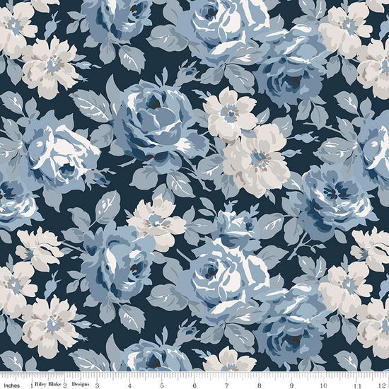 Image of the Serenity Blues Main Midnight quilting cotton fabric by Gerri Robinson for Riley Blake Designs. Features large roses and leaves on a dark blue background. 
Cute Little Fabric Shop