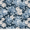 Image of the Serenity Blues Main Midnight quilting cotton fabric by Gerri Robinson for Riley Blake Designs. Features large roses and leaves on a dark blue background. 
Cute Little Fabric Shop