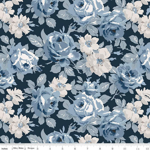 Image of the Serenity Blues Main Midnight quilting cotton fabric by Gerri Robinson for Riley Blake Designs. Features large roses and leaves on a dark blue background. 
Cute Little Fabric Shop