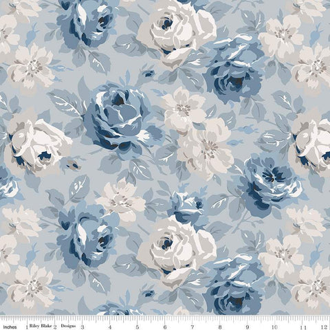 Image of the Serenity Blues Main Gray quilting cotton fabric by Gerri Robinson for Riley Blake Designs. Features large roses and leaves on a light gray background. 
Cute Little Fabric Shop