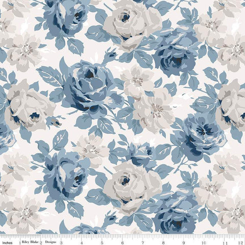 Image of the Serenity Blues Main Cream quilting cotton fabric by Gerri Robinson for Riley Blake Designs. Features large roses and leaves on a cream white background. 
Cute Little Fabric Shop