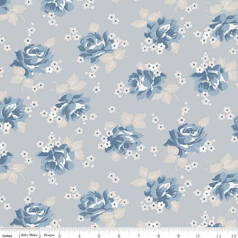 Image of the Serenity Blues Roses Gray quilting cotton fabric by Gerri Robinson. Features scattered roses and small blossoms on a light gray background 
Cute Little Fabric Shop