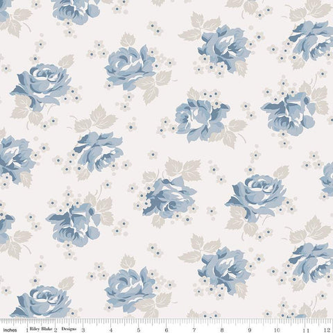 Image of the Serenity Blues Roses Cream quilting cotton fabric by Gerri Robinson. Features scattered roses and small blossoms on a cream white background 
Cute Little Fabric Shop