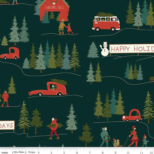 Image of Christmas Is in Town Main Forest by Riley Blake Designs. Features Christmas scenery with cars, people, and trees on a dark green background. 
Cute Little Fabric Shop