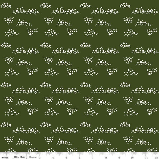 Image of Christmas Is in Town Snowballs Dark Green by Riley Blake Designs. Features clusters of white snowballs on a dark green background. 
Cute Little Fabric Shop